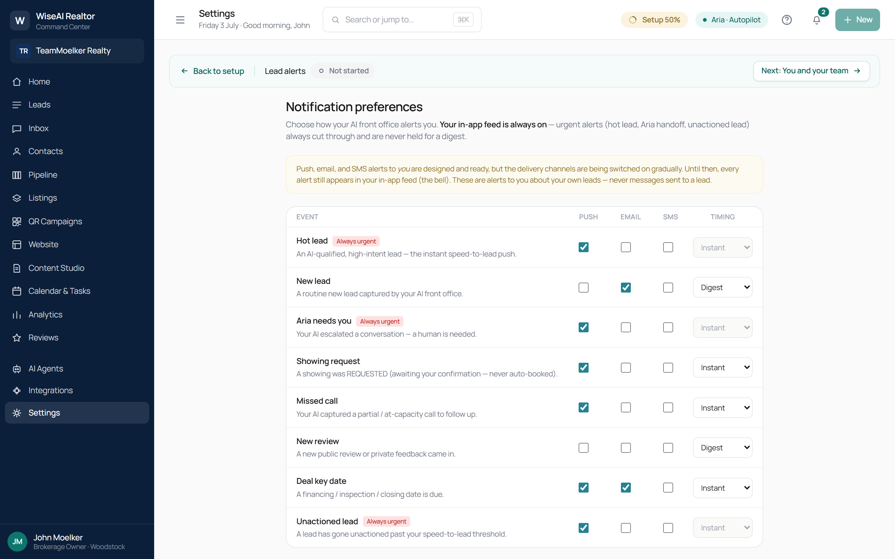 Lead alert preferences