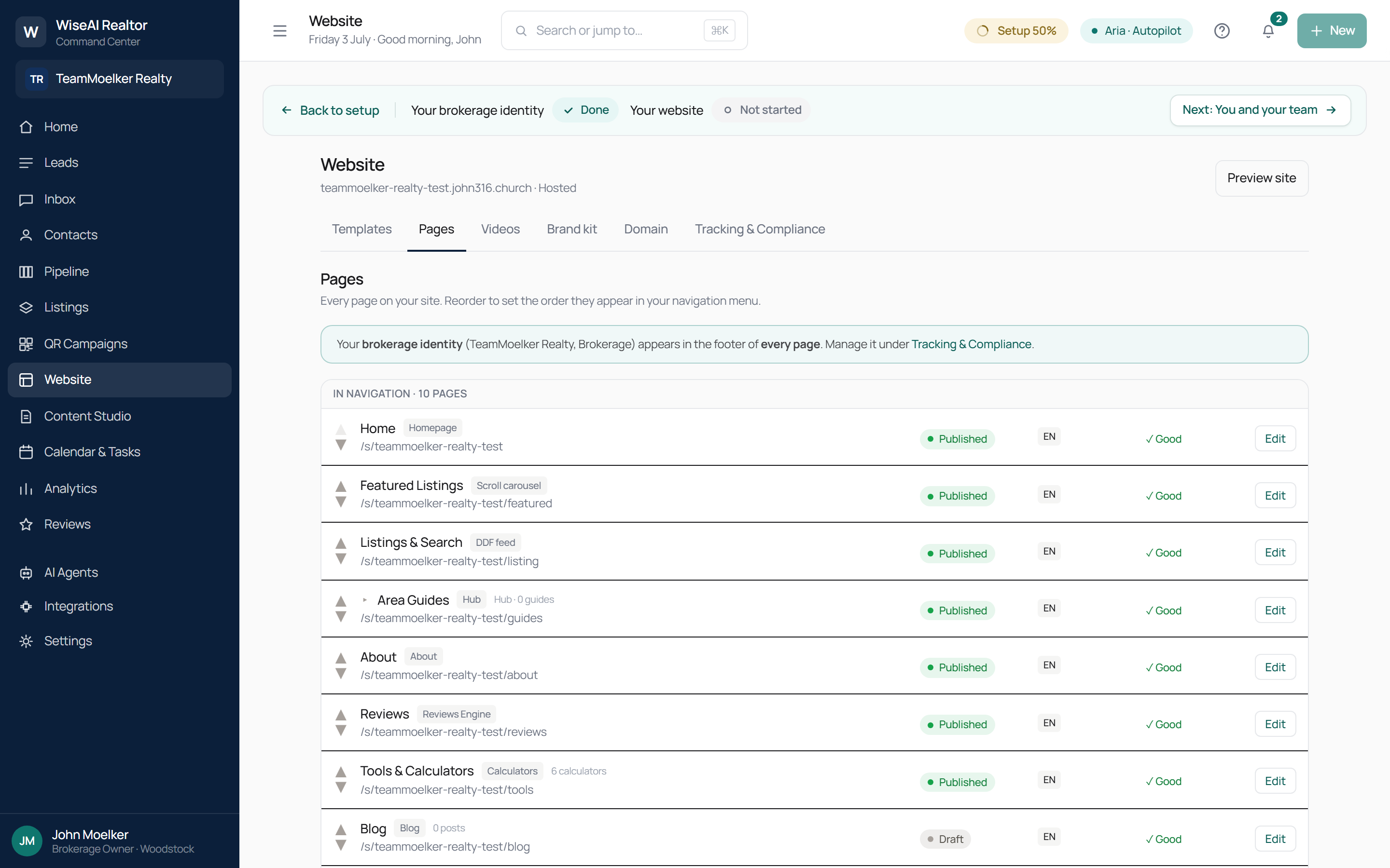 Website builder — Pages tab