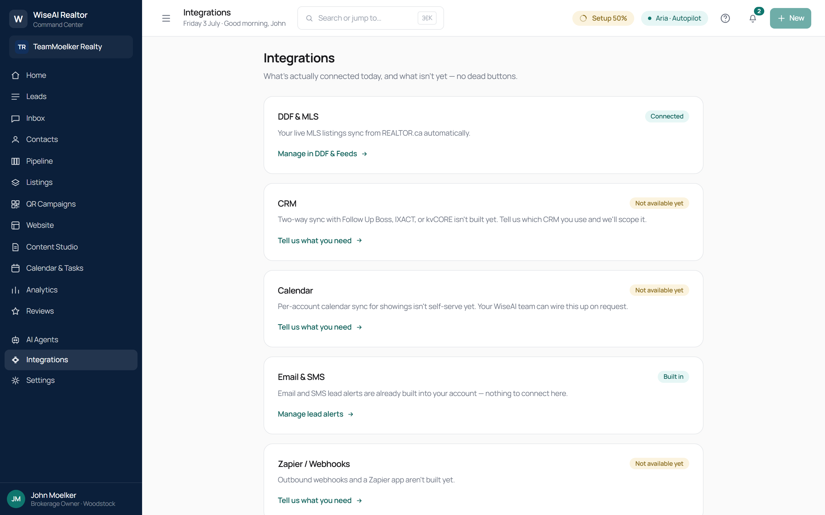 Integrations status hub